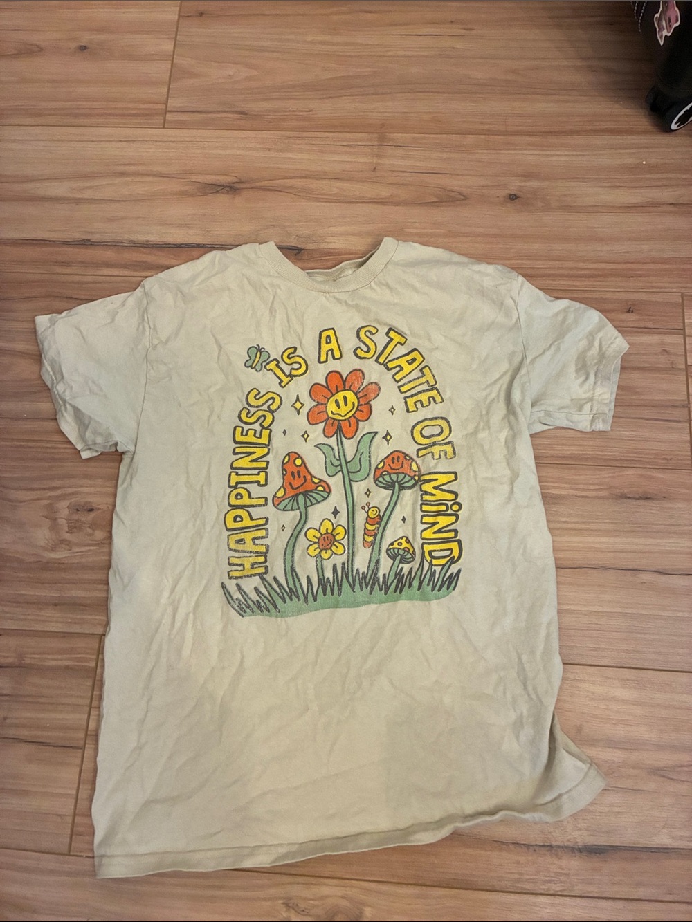 Graphic 'Happiness Is A State Of Mind' Short Sleeve Tee - Cream
